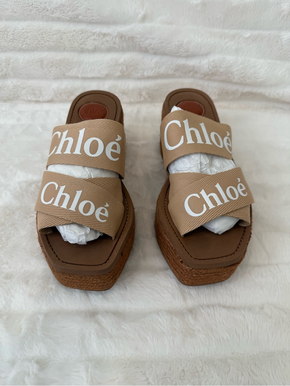 Women’s Chloe Beige Double-Strap Logo Slide Sandals